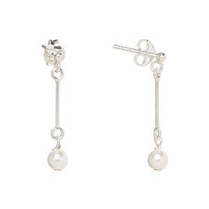 Earstud, Create Compliments®, sterling silver and glass pearl, white, 25.5mm. Sold per pair.
