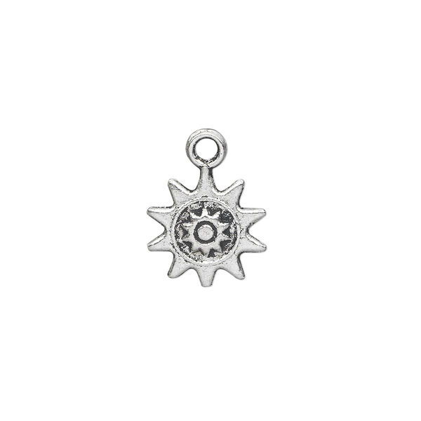 Charm, antique silver-plated "pewter" (zinc-based alloy), 13mm double-sided sun. Sold per pkg of 50. image number 0