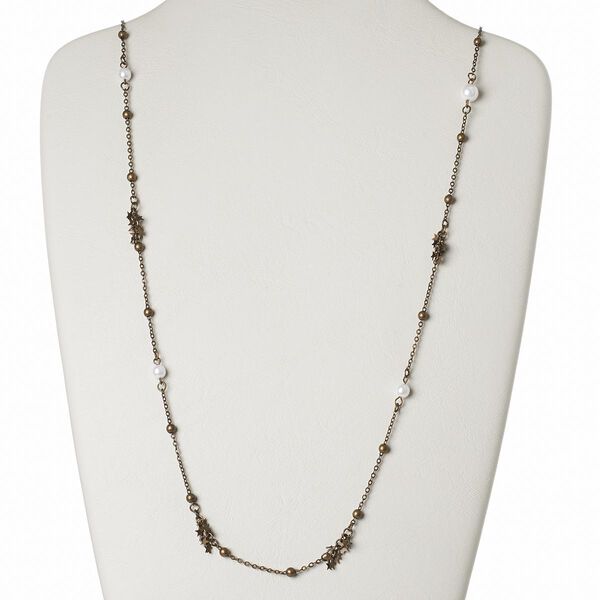 Necklace, acrylic pearl with antiqued brass-finished brass and steel, star, 34 inches with lobster claw clasp. Sold individually. image number 0
