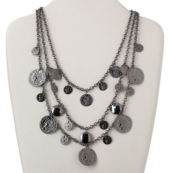 Necklace, 3-strand, gunmetal-finished steel and brass with acrylic, black luster, coin and faceted puffed flat round, 18 inches with 3-inch extender chain and lobster claw clasp. Sold individually. image number 0