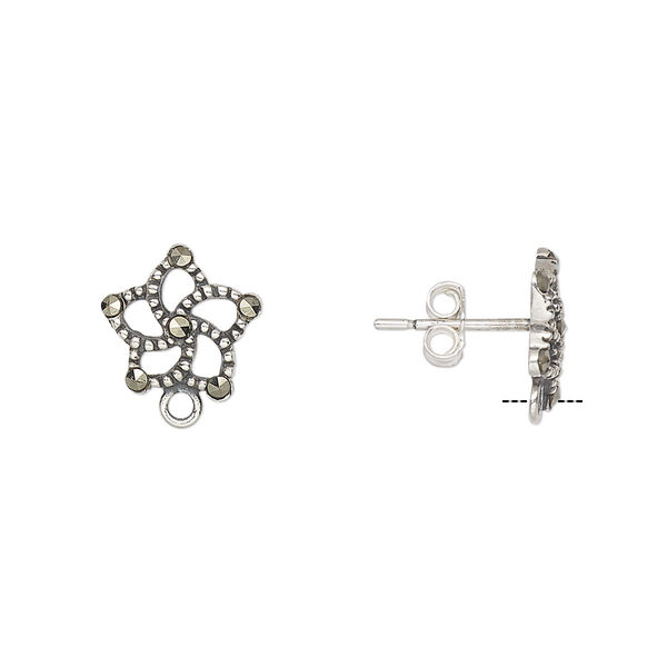 Earstud, marcasite (natural) and antiqued sterling silver, 10.5x10mm flower with loop. Sold per pair. image number 0