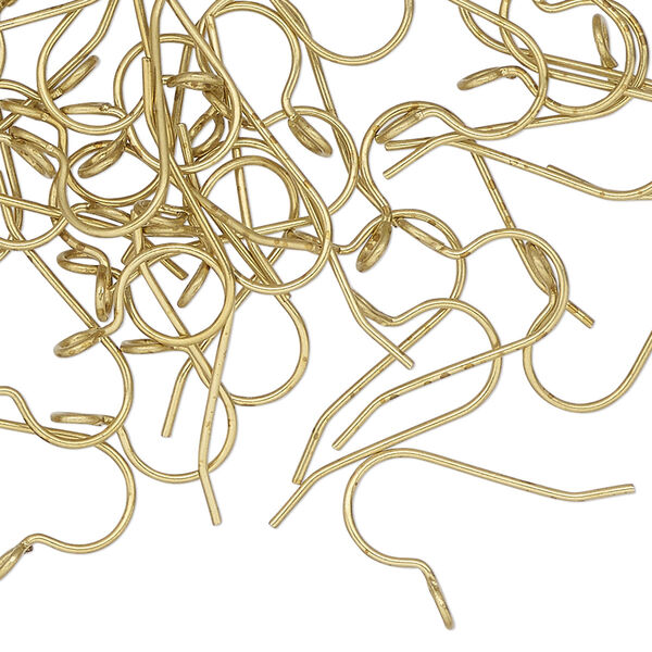 Ear wire, antique gold-plated brass, 12.5mm fishhook with open, perpendicular loop, 21 gauge. Sold per pkg of 50 pairs. image number 0