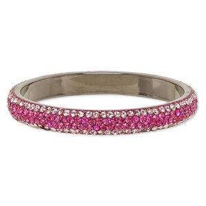 Bracelet, bangle, epoxy / Preciosa glass rhinestone / gunmetal-plated brass, black / light pink / fuchsia, 10mm wide, 2-3/4 inch inside diameter. Sold individually.