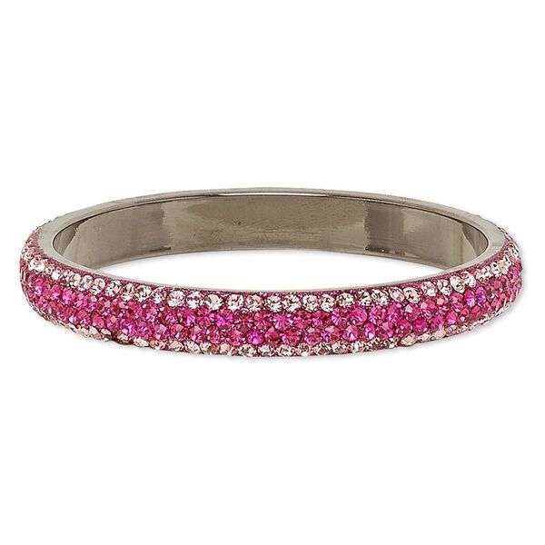 Bracelet, bangle, epoxy / Preciosa glass rhinestone / gunmetal-plated brass, black / light pink / fuchsia, 10mm wide, 2-3/4 inch inside diameter. Sold individually. image number 0