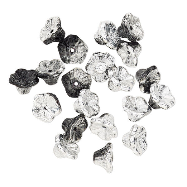 Bead, Preciosa, Czech pressed glass, opaque jet half-coated silver, 7x4.5mm flower. Sold per pkg of 20. image number 0