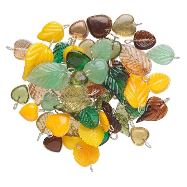 Drop mix, glass and brass, opaque to transparent green / yellow / brown, 11mm-22x15mm double-sided leaf and heart. Sold per 50-gram pkg, approximately 50-55 drops. image number 0
