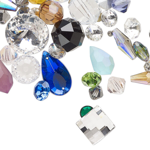 Bead and rhinestone mix, vintage crystal, mixed colors, 2x1mm-20x18mm mixed shapes. Sold per 25-gram pkg, approximately 55 components. image number 0
