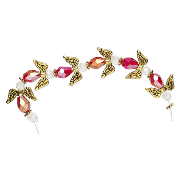 Bead, crystal and antique gold-finished "pewter" (zinc-based alloy), transparent red AB and clear, 17x14mm angel. Sold per pkg of 6. image number 0
