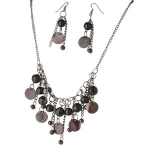 Necklace and earring set, glass, shell and acrylic, grey, 15mm disc, 10mm and 6mm round, 12mm faceted round, 18 inches with silver-plated brass lobster claw clasp and 3-inch extender chain. Sold per set.