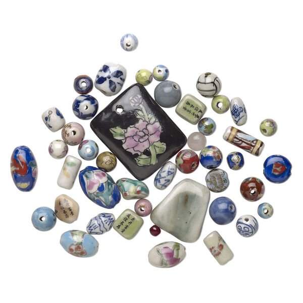 Bead mix, porcelain, mixed colors, 7mm-51x42mm hand-painted mixed shapes with decal. Sold per 1/4 pound pkg, approximately 25-70 beads. image number 3