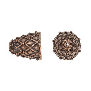 Cone, antique copper-plated pewter (tin-based alloy), 15.5x15mm with wire lattice design, fits 11mm bead. Sold per pkg of 2.