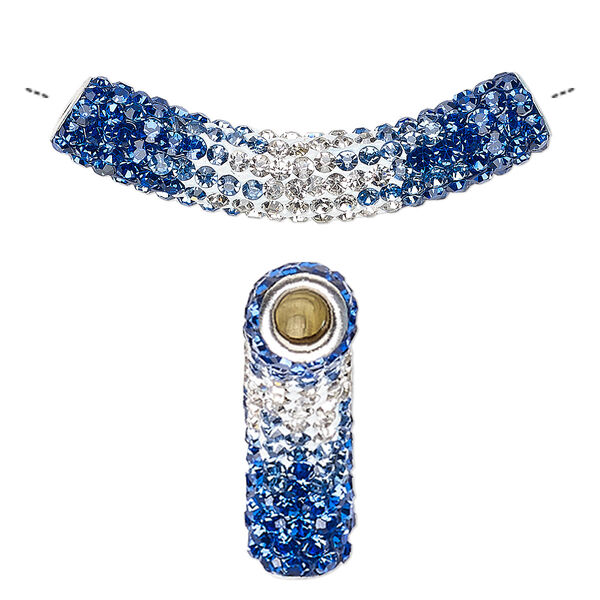Bead, Dione®, resin / glass rhinestone / silver-plated brass, multicolored, 47x9mm curved tube. Sold individually. image number 0