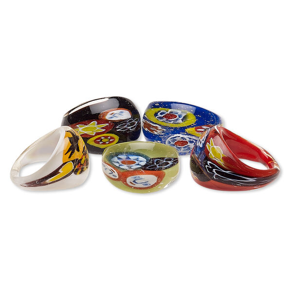 Ring, millefiori and lampworked glass, assorted colors, 18-21mm wide, size 8. Sold per pkg of 5. image number 0