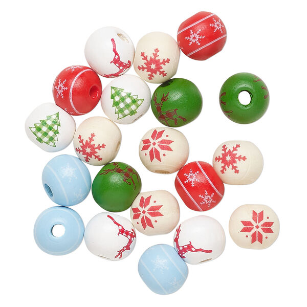 Bead mix, Korean boxwood, mixed colors, 10mm round with holiday designs. Sold per pkg of 20. image number 1