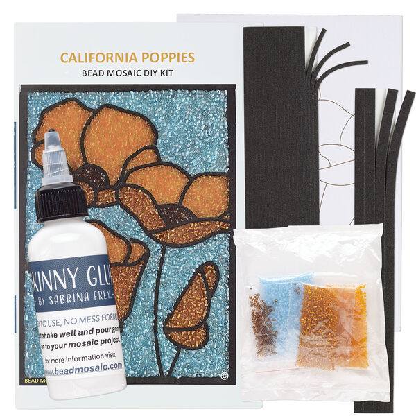 Sabrina Frey Bead Mosaic&trade; Starter Kit, glass / medium-density fiberboard / glue, pkg/1, multicolored, 5x7 inches with "California poppies" design. image number 1