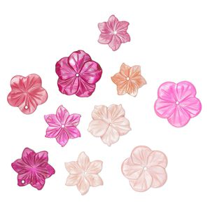 Focal and component mix, mother-of-pearl shell (dyed), multi-pink, 15-25mm hand-carved flower, Mohs hardness 3-1/2. Sold per pkg of 10.