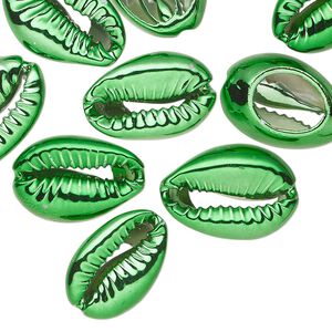 Component, electroplated cowrie shell, green, 16x11mm-19x12mm hand-cut cowrie, Mohs hardness 3-1/2. Sold per pkg of 10.