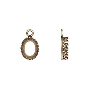 Drop, JBB Findings, antiqued brass, 11.5x9mm oval with open back and decorative trim, 10x8mm oval bezel setting. Sold per pkg of 2.