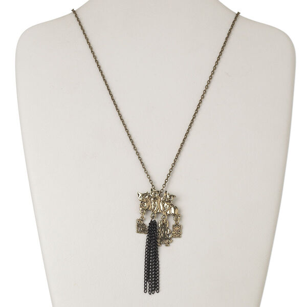 Necklace, antiqued brass-finished "pewter" (zinc-based alloy) and steel, black, 32x20mm cats, 32 inches with 2-1/4 inch dangle and lobster claw clasp. Sold individually. image number 0