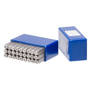 Stamp, tempered chrome vanadium steel, 3-4mm modern font uppercase alphabet letters A-Z and "&" symbol, 2-3/8 inches long with 7x7mm square shank. Sold per 27-piece set in plastic box.
