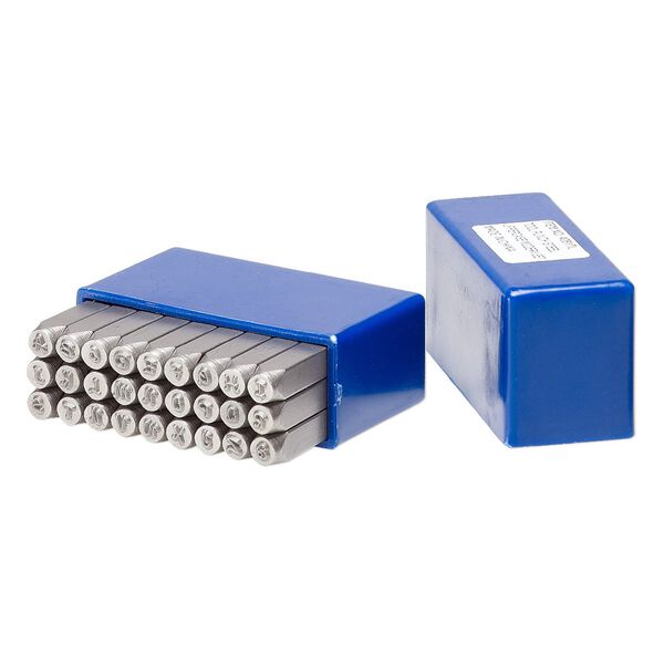 Stamp, tempered chrome vanadium steel, 3-4mm modern font uppercase alphabet letters A-Z and "&" symbol, 2-3/8 inches long with 7x7mm square shank. Sold per 27-piece set in plastic box. image number 0