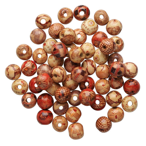 Bead mix, wood (coated), multicolored, 12mm hand-cut round with painted pattern. Sold per pkg of 100. image number 1