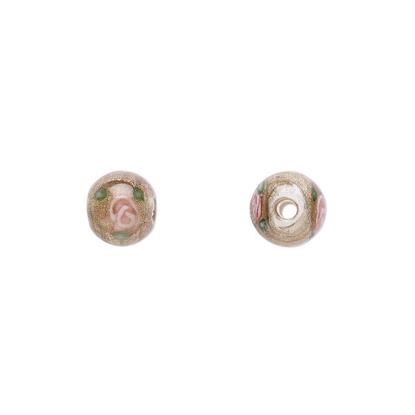 Bead, Czech lampworked glass, opaque brown / pink / green, 6-7mm round with flower design. Sold per pkg of 10. image number 0