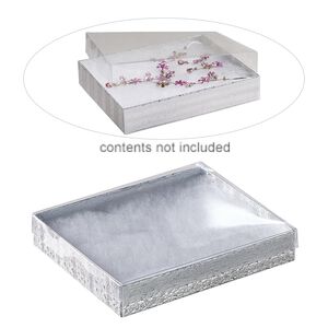 Box, plastic and paper, "cotton"-filled, silver and clear, 6-1/8 x 5-1/8 x 1-1/8 inch rectangle. Sold per pkg of 10.