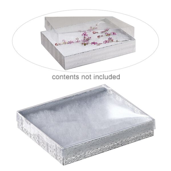 Box, plastic and paper, "cotton"-filled, silver and clear, 6-1/8 x 5-1/8 x 1-1/8 inch rectangle. Sold per pkg of 10. image number 0