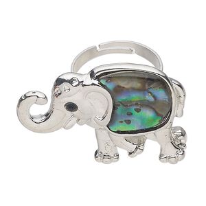 Ring 1pkg1 brass / paua shell / glass rhinestone, 36x25mm elephant, natural silver finish / black
