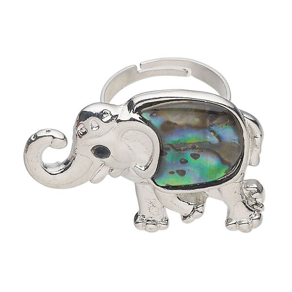 Ring 1pkg1 brass / paua shell / glass rhinestone, 36x25mm elephant, natural silver finish / black image number 0