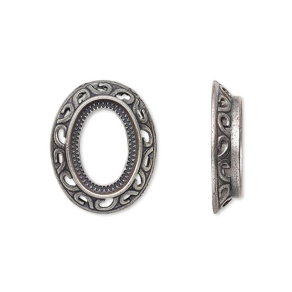 Component, antique silver-plated brass, 20x16mm oval with swirl design and 14x10mm oval setting. Sold per pkg of 10. image number 0