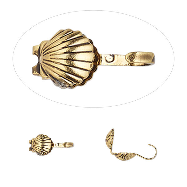 Bead tip, Hot Tips®, antique gold-plated brass, 9x5mm bottom clamp-on shell with open loop. Sold per pkg of 100. image number 0
