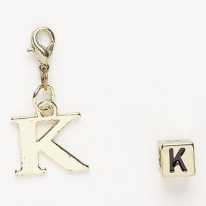 Charm and bead 1pkg2 brass-finished "pewter" (zinc-based alloy) / steel / enamel, black, 16x13mm "K" with lobster claw clasp and 7mm cube with "K".