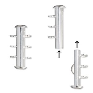 Clasp slide lock 1pkg4 silver-plated, 21x6mm round tube, brass 3-strand