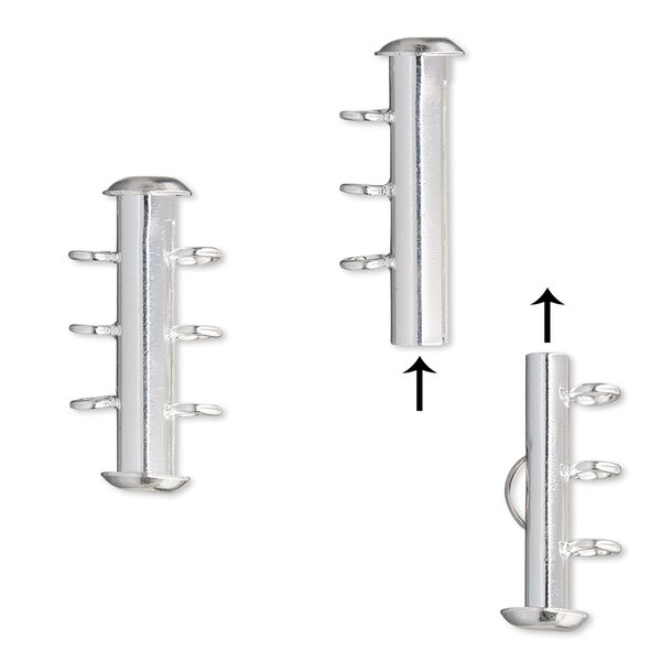 Clasp, 3-strand slide lock, silver-plated brass, 21x6mm round tube. Sold per pkg of 4. image number 0