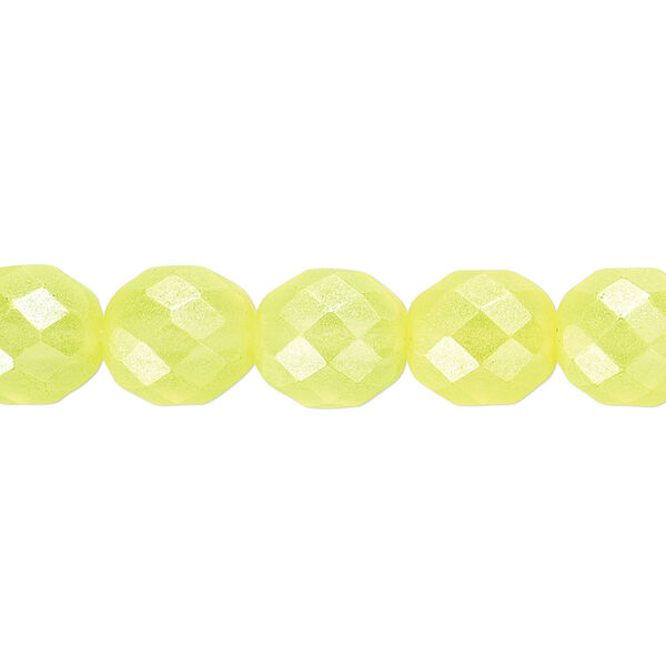 Bead, Czech fire-polished dipped décor glass, pearlescent light yellow, 10mm faceted round. Sold per 15-1/2" to 16" strand. image number 0