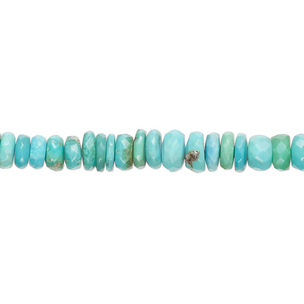 Bead, turquoise (dyed / stabilized), 4x2mm-7x4mm graduated hand-cut faceted rondelle with 0.4-1.4mm hole, C+ grade, Mohs hardness 5 to 6. Sold per 17-inch strand. image number 0