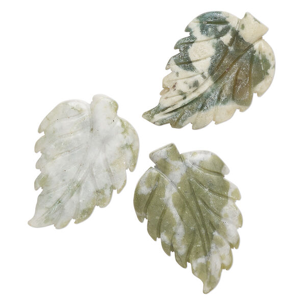 Green serpentine 1pkg3, carved leaf focal B grade, 39x22mm image number 0