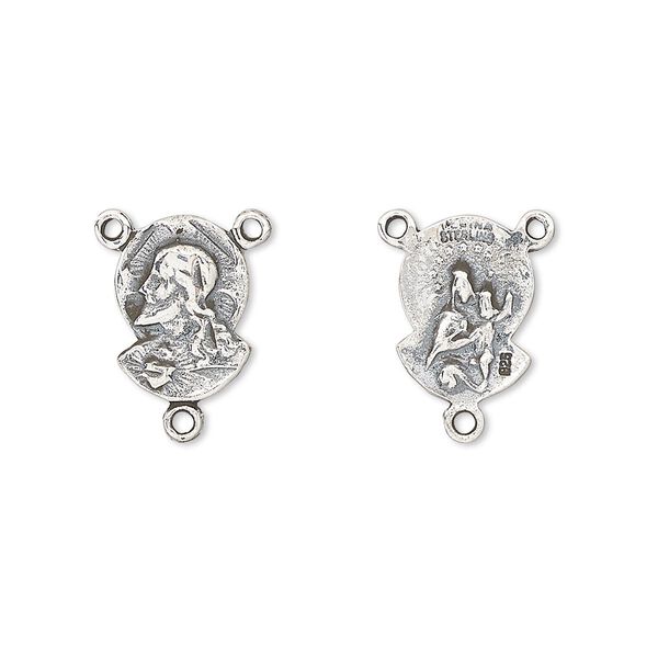 Connector, antiqued sterling silver, 12x9mm double-sided "Sacred Heart" rosary center. Sold per pkg of 2. image number 0