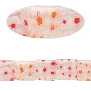 Bead, millefiori glass, translucent clear and multicolored, 9mm-11x10mm puffed square with flower design. Sold per 14-inch strand.