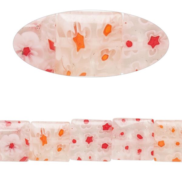 Bead, millefiori glass, translucent clear and multicolored, 9mm-11x10mm puffed square with flower design. Sold per 14-inch strand. image number 0