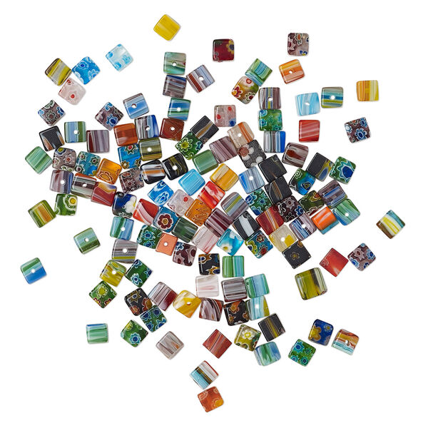Bead mix, millefiori glass, translucent and transparent multicolored, 5-7mm cube. Sold per 2-ounce pkg, approximately 120 beads. image number 1