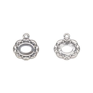 Drop, antiqued sterling silver, 12.5x10.5mm overall with 7x5mm oval setting and flower design with open back. Sold individually.