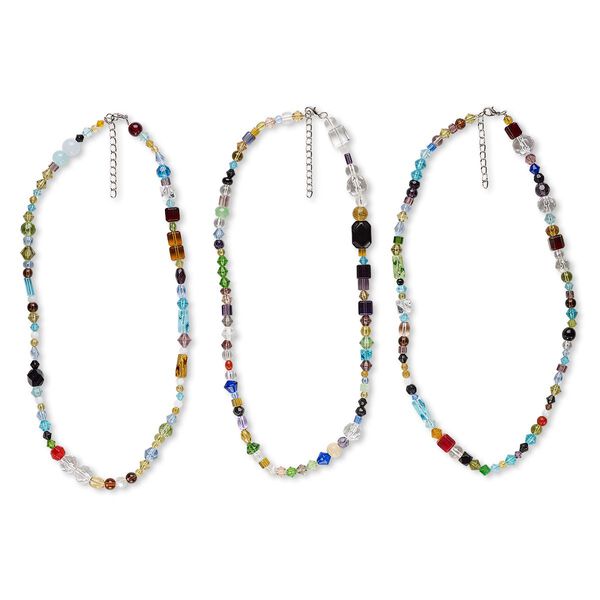 Necklace mix, glass and silver-finished steel, multicolored, 4x4mm-20x12mm mixed shape, 18 inches with 2-inch extender chain and lobster claw clasp. Sold per pkg of 3. image number 0