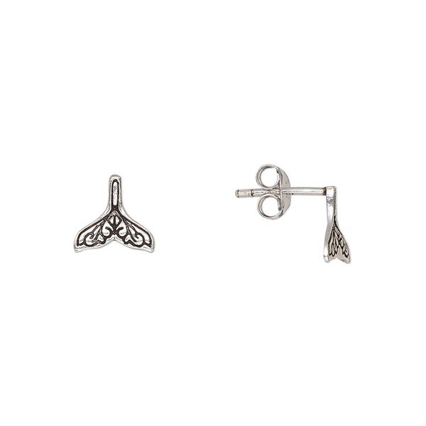 Earstud, Create Compliments®, antiqued sterling silver, 8.5x8mm whale tail. Sold per pair. image number 0