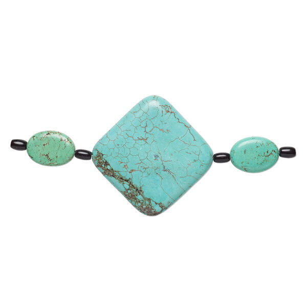 Bead mix, "turquoise" (imitation) resin and glass, blue-green / blue / black, 6x4mm barrel / 18x13mm puffed oval / 43x43mm puffed diamond. Sold per pkg of 7. image number 0