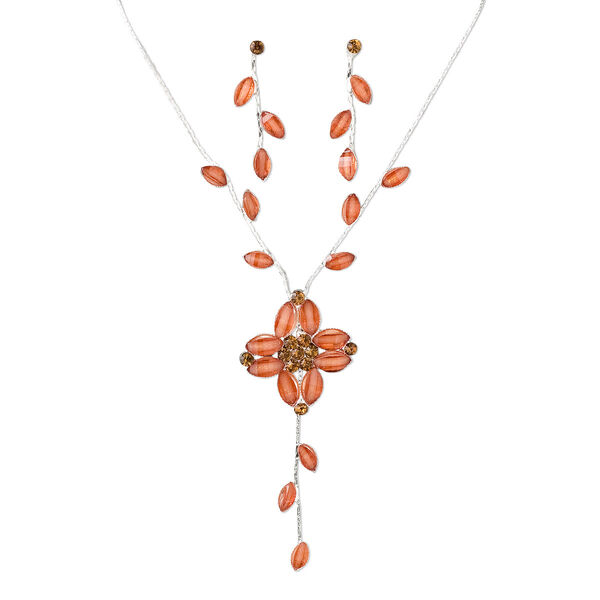Necklace and earring set, silver-plated brass and steel / resin / glass rhinestone, brown, 76x31mm flower with dangle, 16 inches with 2-inch extender chain and springring clasp, 2-inch earring with post. Sold per set. image number 0