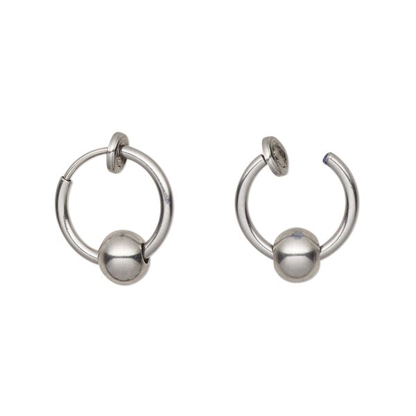 Earring hoop 1pkg2, 15mm / ball / pierced-look spring closure, stainless steel 1 pair image number 0