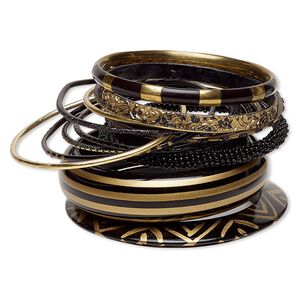 Bracelet, bangle, painted wood / resin / glass / aluminum / brass, black and gold with glitter, 2.5-18mm wide, 7-1/2 to 8 inches. Sold per 13-piece set.